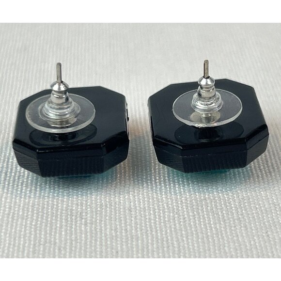 Octagon Stud Earrings Teal Plastic Gemstones Black Enamel Frame - Picture 6 of 8